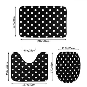 Wondertify White Polka Dot Bathroom Antiskid Pad Geometric Round Shape 3 Pieces Bathroom Rugs Set, Bath Mat+Contour+Toilet Lid Cover Black