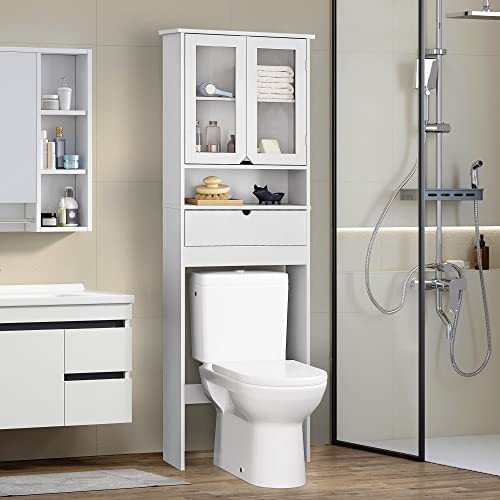 HOME BI Over The Toilet Storage Cabinet, Free Standing Toilet Rack with Drawer and Acrylique Doors for Toilet Shelf (White)