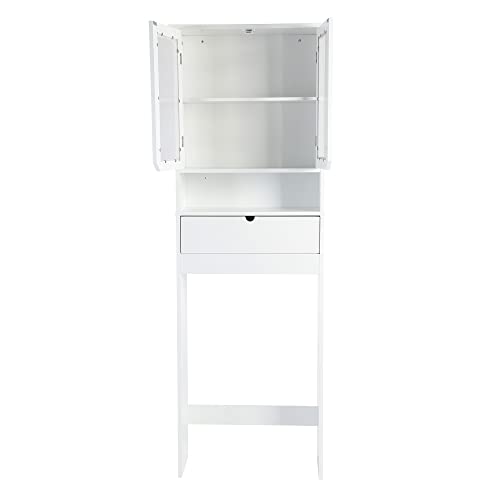 HOME BI Over The Toilet Storage Cabinet, Free Standing Toilet Rack with Drawer and Acrylique Doors for Toilet Shelf (White)