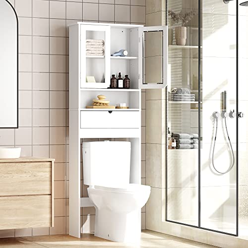 HOME BI Over The Toilet Storage Cabinet, Free Standing Toilet Rack with Drawer and Acrylique Doors for Toilet Shelf (White)