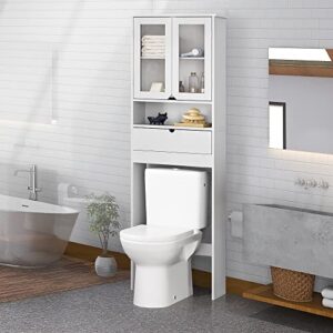 HOME BI Over The Toilet Storage Cabinet, Free Standing Toilet Rack with Drawer and Acrylique Doors for Toilet Shelf (White)