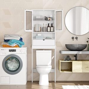 HOME BI Over The Toilet Storage Cabinet, Free Standing Toilet Rack with Drawer and Acrylique Doors for Toilet Shelf (White)