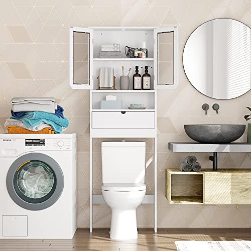 HOME BI Over The Toilet Storage Cabinet, Free Standing Toilet Rack with Drawer and Acrylique Doors for Toilet Shelf (White)