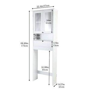 HOME BI Over The Toilet Storage Cabinet, Free Standing Toilet Rack with Drawer and Acrylique Doors for Toilet Shelf (White)