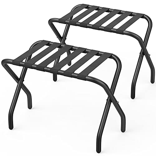 FEMOND Luggage Rack, Pack of 2, Luggage Rack for Guest room, Folding Suitcase Stand with Black Nylon Straps and Sturdy Steel Frame, Holds up to 150 lbs, Easy Assembly