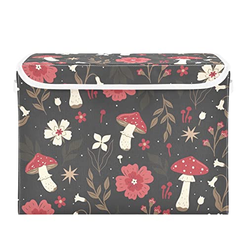 Krafig Cartoon Vintage Plant Mushroom Foldable Storage Box Large Cube Organizer Bins Containers Baskets with Lids Handles for Closet Organization, Shelves, Clothes, Toys