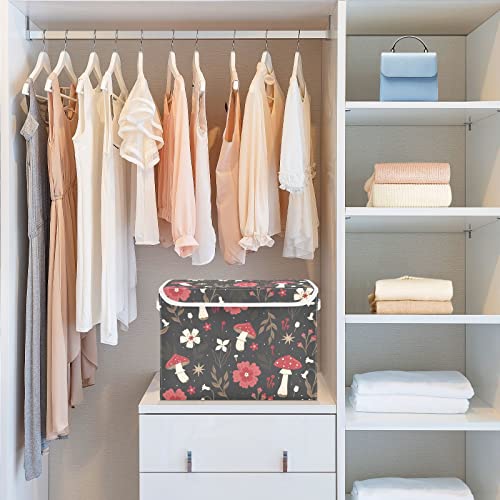 Krafig Cartoon Vintage Plant Mushroom Foldable Storage Box Large Cube Organizer Bins Containers Baskets with Lids Handles for Closet Organization, Shelves, Clothes, Toys