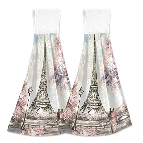 Alaza 2 Pcs Kitchen Towel, Street Cherry Blossom Paris Eiffel Tower Oil Painting Art Absorbent Towel Hanging Towel Hand Towel