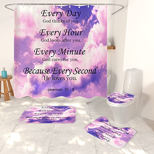 Dexsawoi 4-Piece Bible Verse Shower Curtain Set with Non-Slip Religious Carpet, Toilet lid, and Bath mat, with Inspiring Thoughts and Prayers. Bathroom Curtain with 12 Hooks 72 x 72 inches