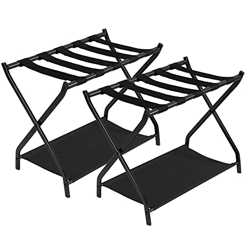 Heybly Luggage Rack,Pack of 2,Steel Folding Suitcase Stand with Storage Shelf for Guest Room Bedroom Hotel,Black,HLR003B2