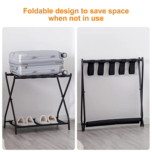 Heybly Luggage Rack,Pack of 2,Steel Folding Suitcase Stand with Storage Shelf for Guest Room Bedroom Hotel,Black,HLR003B2