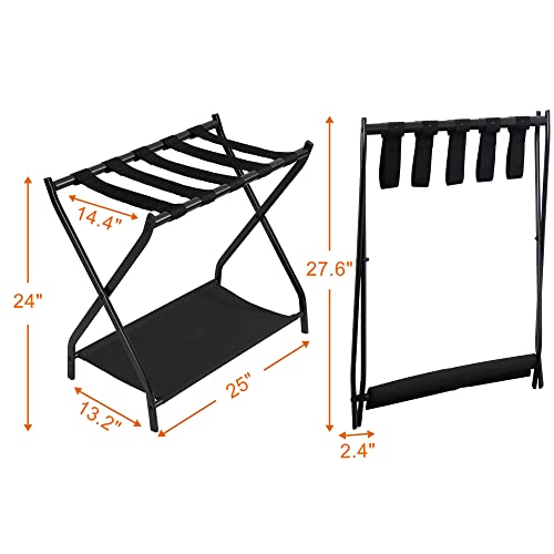 Heybly Luggage Rack,Pack of 2,Steel Folding Suitcase Stand with Storage Shelf for Guest Room Bedroom Hotel,Black,HLR003B2