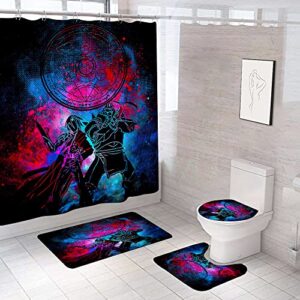 4 piece cool anime shower curtain sets with non-slip rugs, toilet lid cover, bath mat and 12 hooks, bathroom decor set accessories waterproof shower curtains
