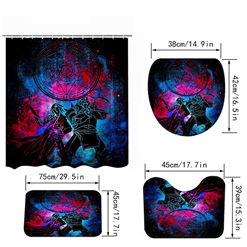 4 Piece Cool Anime Shower Curtain Sets with Non-Slip Rugs, Toilet Lid Cover, Bath Mat and 12 Hooks, Bathroom Decor Set Accessories Waterproof Shower Curtains
