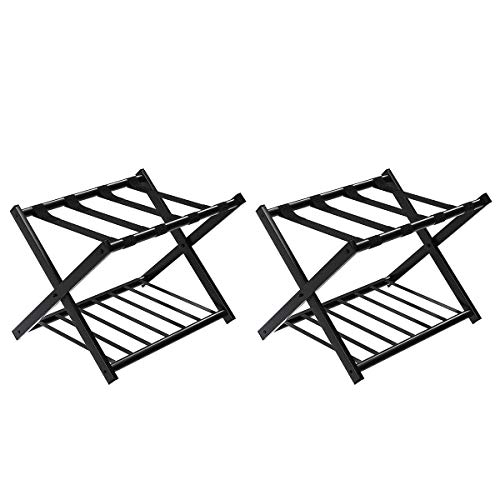 Tangkula Luggage Rack (Set of 2), Folding Metal Suitcase Luggage Stand, Double Tiers Luggage Holder with Shoe Shelf, Luggage Stand for Bedroom, Guest Room, Hotel