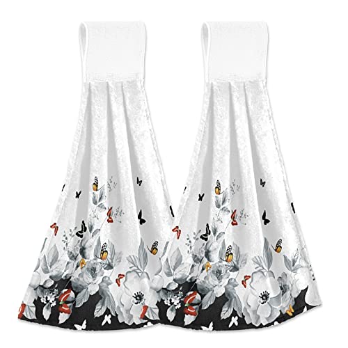 ZOEO Kitchen Hand Towel Butterfly Gray Flower Set of 2 Hanging Tie Towels Dishcloth Super Soft Absorbent Luxury Washcloths Bathroom Toilet Decor