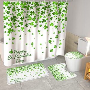 casdseci 4pcs green st. patrick's day shower curtains set with non-slip rugs, toilet lid cover and bath mat, lucky shamrocks waterproof bathroom curtain with 12 hooks 72 x 72 inch