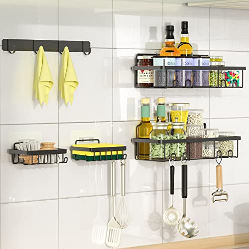 Upiyan 5-Pack Adhesive Shower Caddy Basket Bathroom Organizer Shelves Storage No Drilling Traceless Black Stainless Steel Soap Holder Rustproof Kitchen,Bedroom Coat Rack Wall Mount Need Drilling