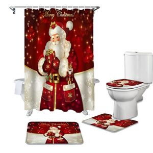 perdecor shower curtain and rugs set for bathroom, santa claus waterproof with 12 hooks, non-skip, 20211022-per-gyt001shzf03738mdpaped, wine red, 36inx72in+18inx30in+14inx18in+15inx18in