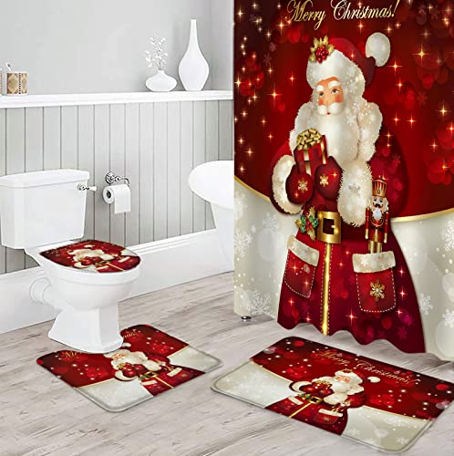 Perdecor Shower Curtain and Rugs Set for Bathroom, Santa Claus Waterproof with 12 Hooks, Non-Skip, 20211022-PER-GYT001SHZF03738MDPAPED, Wine Red, 36Inx72In+18Inx30In+14Inx18In+15Inx18In