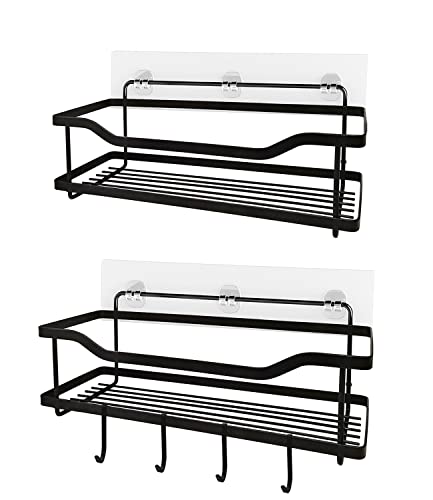 Shower Caddy Basket Shelf with Hooks, 2 Pack No Drilling Adhesive Shower Organizer Wall Mounted Rustproof Bathroom Storage Rack for Bathroom, Lavatory, Washroom, Restroom, Shower, Toilet, Kitchen