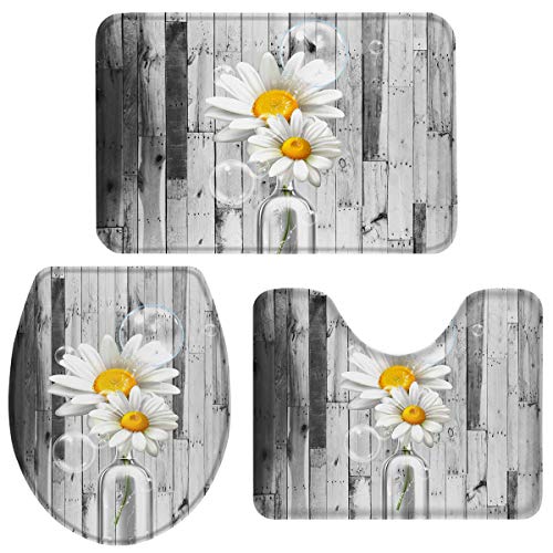 3 Pieces Bath Rugs Sets Farm White Daisy Flowers in Glass Vase Soft Non-Slip Absorbent Toilet Seat Cover U-Shaped Toilet Mat for Bathroom Decor Retro Grey Wooden Board