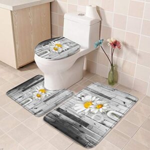 3 Pieces Bath Rugs Sets Farm White Daisy Flowers in Glass Vase Soft Non-Slip Absorbent Toilet Seat Cover U-Shaped Toilet Mat for Bathroom Decor Retro Grey Wooden Board