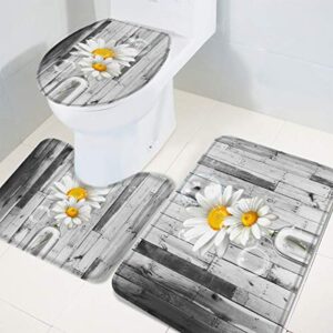 3 Pieces Bath Rugs Sets Farm White Daisy Flowers in Glass Vase Soft Non-Slip Absorbent Toilet Seat Cover U-Shaped Toilet Mat for Bathroom Decor Retro Grey Wooden Board