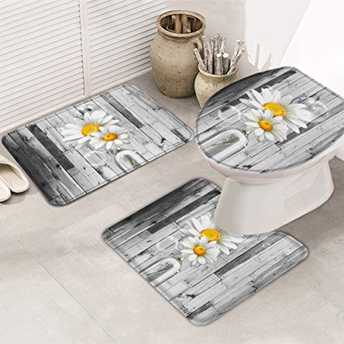 3 Pieces Bath Rugs Sets Farm White Daisy Flowers in Glass Vase Soft Non-Slip Absorbent Toilet Seat Cover U-Shaped Toilet Mat for Bathroom Decor Retro Grey Wooden Board