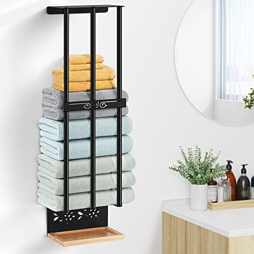 Wall Towel Rack for Rolled Towels, POKIPO 3 Bar Bathroom Towel Storage with Wooden Pallet, Towel Holder for Small Bathroom Wall Mounted, Towel Shelf Organizer for Washcloths, Large Towels, Blanket