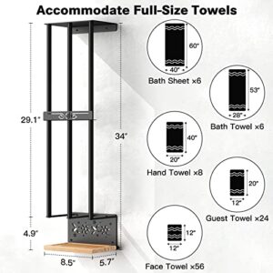 Wall Towel Rack for Rolled Towels, POKIPO 3 Bar Bathroom Towel Storage with Wooden Pallet, Towel Holder for Small Bathroom Wall Mounted, Towel Shelf Organizer for Washcloths, Large Towels, Blanket