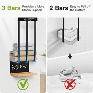 Wall Towel Rack for Rolled Towels, POKIPO 3 Bar Bathroom Towel Storage with Wooden Pallet, Towel Holder for Small Bathroom Wall Mounted, Towel Shelf Organizer for Washcloths, Large Towels, Blanket