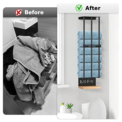 Wall Towel Rack for Rolled Towels, POKIPO 3 Bar Bathroom Towel Storage with Wooden Pallet, Towel Holder for Small Bathroom Wall Mounted, Towel Shelf Organizer for Washcloths, Large Towels, Blanket