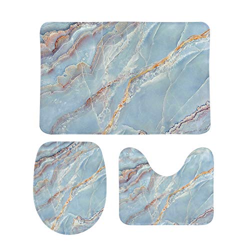 3 Pieces Bathroom Rugs Sets Non Slip Coral Fleece Absorption Extra Soft Durable Bath Carpet Accessories for Tub Shower Bedroom Entryway Blue Marble Texture