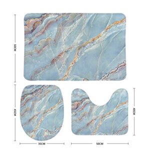 3 Pieces Bathroom Rugs Sets Non Slip Coral Fleece Absorption Extra Soft Durable Bath Carpet Accessories for Tub Shower Bedroom Entryway Blue Marble Texture