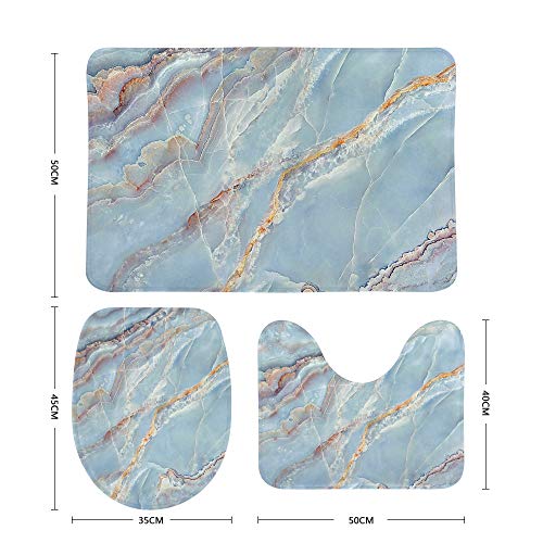 3 Pieces Bathroom Rugs Sets Non Slip Coral Fleece Absorption Extra Soft Durable Bath Carpet Accessories for Tub Shower Bedroom Entryway Blue Marble Texture