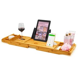 morvat premium bamboo wood expandable bathtub tray & caddy for bathroom, includes book holder, shelf for laptop tablet & phone, wineglass slot & more, great gift & accessories for home spa tub & bath