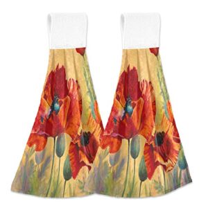 yyzzh red poppy flower watercolor floral print design kitchen hand towels with hook & loop set of 2 absorbent bath hand towel hanging tie towel