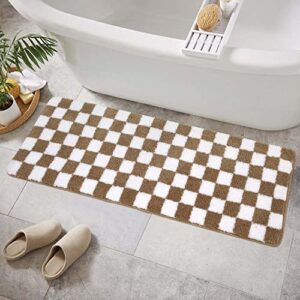 chaelilife checkered bathroom runner rugs, khaki non slip bath mats for bathroom, long water absorbent bath rug soft washable geometric shag rug for indoor shower tub doormat, 18"x47"