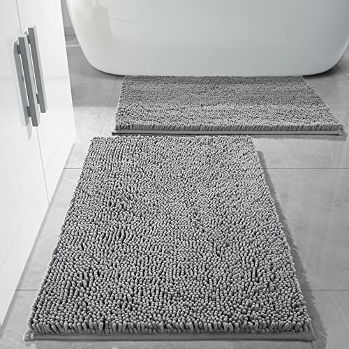 Yimobra 2 Piece Bathroom Rugs Set, Luxury Chenille Bath Rug Mat, Soft Absorbent Plush Bath Mat, Non Skid Washable Bathroom Floor Mat (31.5 x 19.8 + 24 x 17 Inches, Grey)