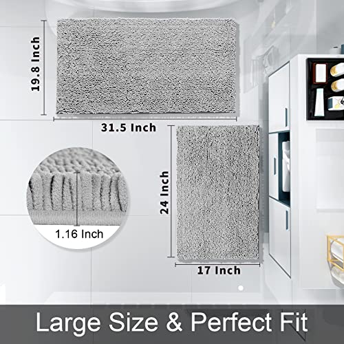 Yimobra 2 Piece Bathroom Rugs Set, Luxury Chenille Bath Rug Mat, Soft Absorbent Plush Bath Mat, Non Skid Washable Bathroom Floor Mat (31.5 x 19.8 + 24 x 17 Inches, Grey)