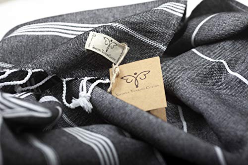 SMYRNA TURKISH COTTON Classical Series Beach Towel | 71 x 37 in 100% Cotton | Extra Large Wearable Turkish Bath Towel | Made in Turkey | No Shrink | Premium Luxury Striped Linen - Black