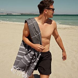 SMYRNA TURKISH COTTON Classical Series Beach Towel | 71 x 37 in 100% Cotton | Extra Large Wearable Turkish Bath Towel | Made in Turkey | No Shrink | Premium Luxury Striped Linen - Black