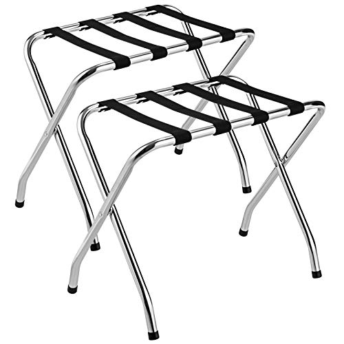 Tangkula Chrome Luggage Rack for Guest Room, No Assembly Required, Folding Metal Suitcase Stand with Nylon Belts, for Home Bedroom Guest Room Hotel, Luggage Rack, Silver (2)