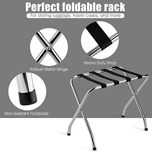 Tangkula Chrome Luggage Rack for Guest Room, No Assembly Required, Folding Metal Suitcase Stand with Nylon Belts, for Home Bedroom Guest Room Hotel, Luggage Rack, Silver (2)