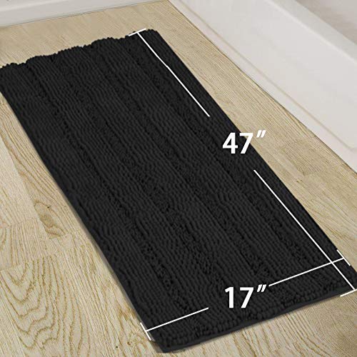 Turquoize Non Slip Shaggy Chenille Microfibers Bathroom Rug Black Bathroom Mat Extra Long Bath Rug 47 x 17 Kitchen Rugs and Mats, Super Water Absorbent & Soft Washable Bath Rug for Bathroom, Black