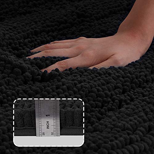 Turquoize Non Slip Shaggy Chenille Microfibers Bathroom Rug Black Bathroom Mat Extra Long Bath Rug 47 x 17 Kitchen Rugs and Mats, Super Water Absorbent & Soft Washable Bath Rug for Bathroom, Black