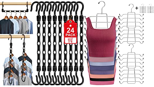 24 Pack Hangers Space Saving Magic Sturdy Closet Hangers + 2 Pcs Tank Top Hangers Space Saving Bra Organizer 360° Rotating Hook Foldable College Dorm Room Essentials Camisoles Bras Belts Silver, Black