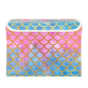 krafig watercolor fish mermaid scale foldable storage box large cube organizer bins containers baskets with lids handles for closet organization, shelves, clothes, toys