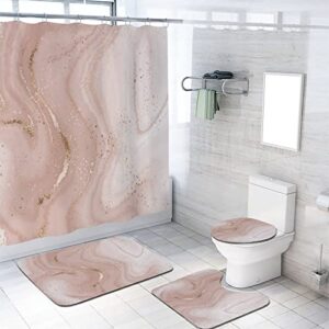 zmcongz abstract marble shower curtain set with rugs for bathroom decor liquid pink marble luxury gold foil waterproof fabric cloth bath curtain, non-slip bathroom rugs bath mats, 72x72 inch